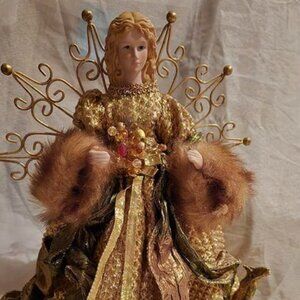 Vtg Golden Angel Christmas Tree/Table Topper Porcelain Faux Fur Trim 15.5"